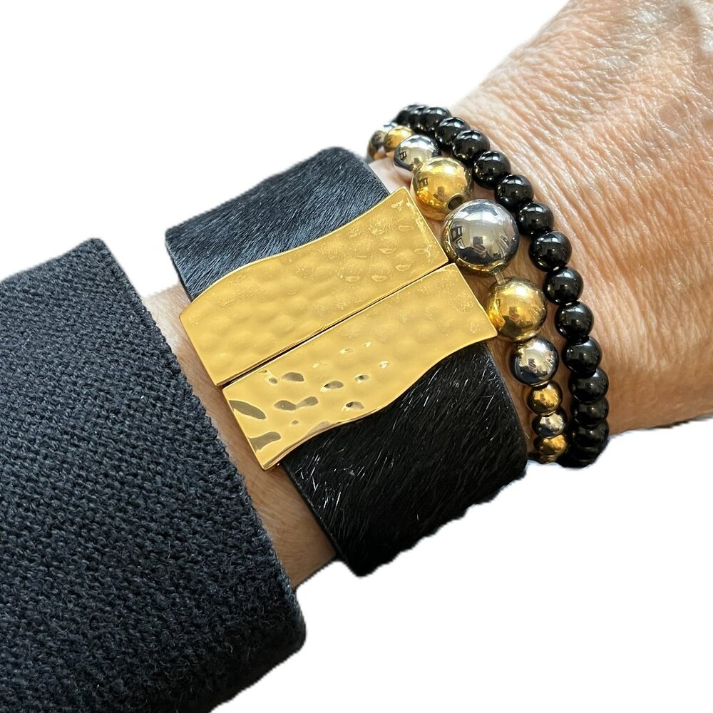 GIFT BOX INCLUDED Rustic Cuff Black 2" W Calfhair Beaded Bracelets Set of Three